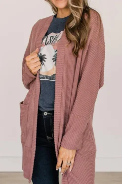 New Dear-Lover Solid Color Waffle Knit Cardigan with Pocket Mineral Red