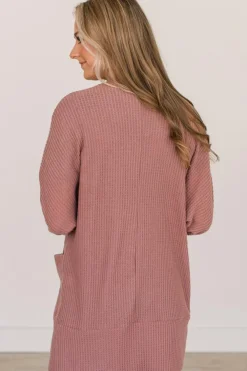 New Dear-Lover Solid Color Waffle Knit Cardigan with Pocket Mineral Red