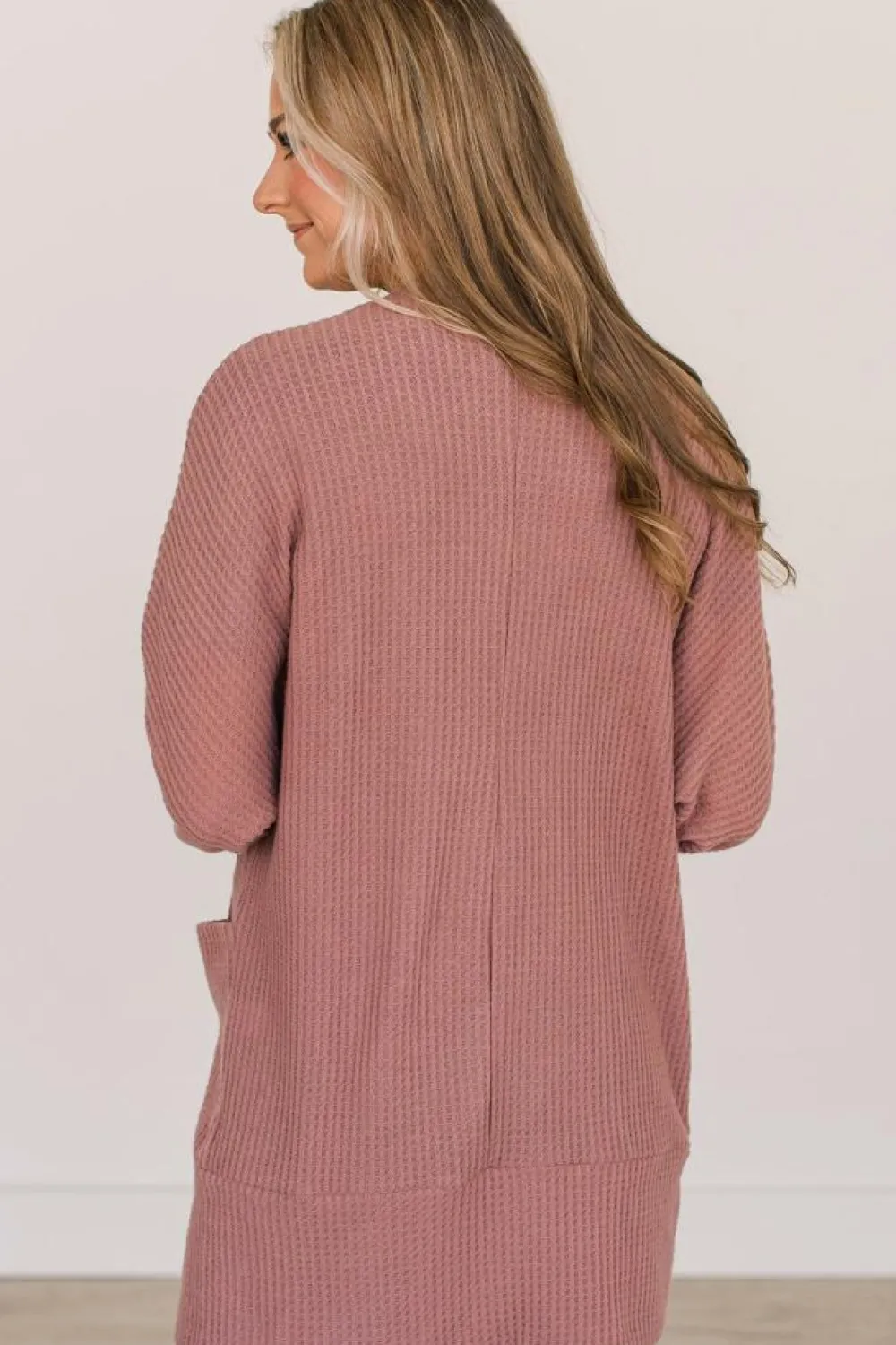 New Dear-Lover Solid Color Waffle Knit Cardigan with Pocket Mineral Red