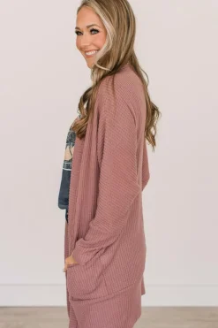 New Dear-Lover Solid Color Waffle Knit Cardigan with Pocket Mineral Red
