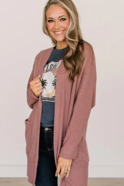 New Dear-Lover Solid Color Waffle Knit Cardigan with Pocket Mineral Red