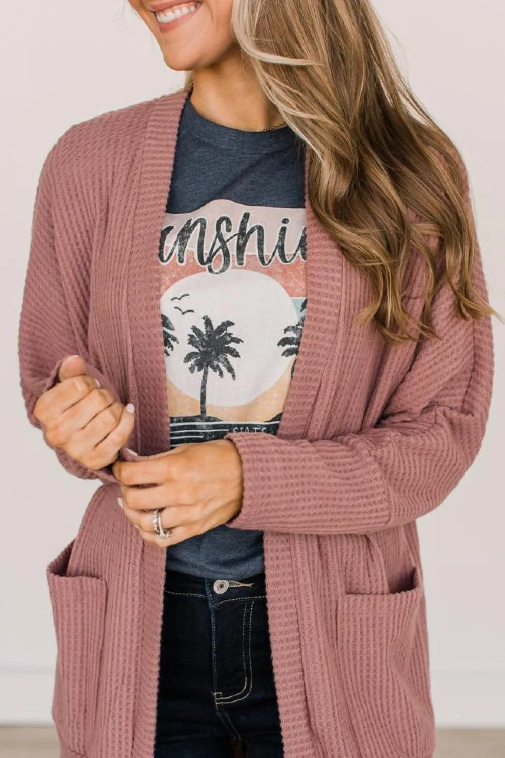 New Dear-Lover Solid Color Waffle Knit Cardigan with Pocket Mineral Red