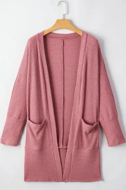 New Dear-Lover Solid Color Waffle Knit Cardigan with Pocket Mineral Red
