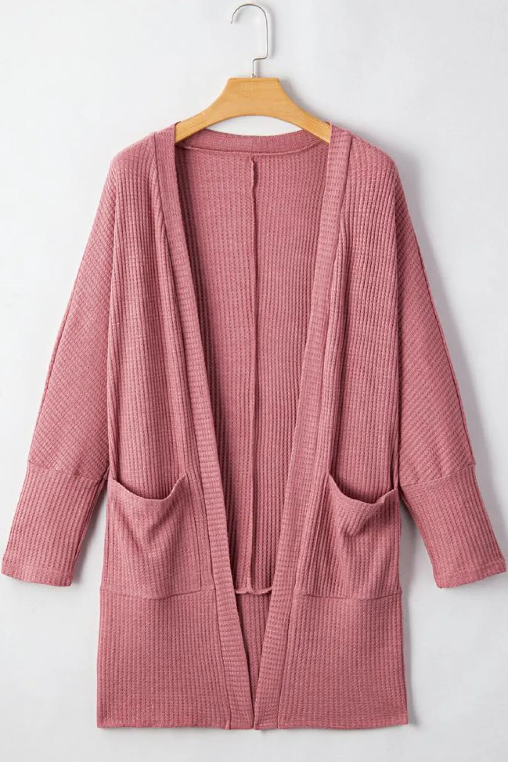 New Dear-Lover Solid Color Waffle Knit Cardigan with Pocket Mineral Red