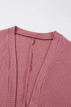 New Dear-Lover Solid Color Waffle Knit Cardigan with Pocket Mineral Red