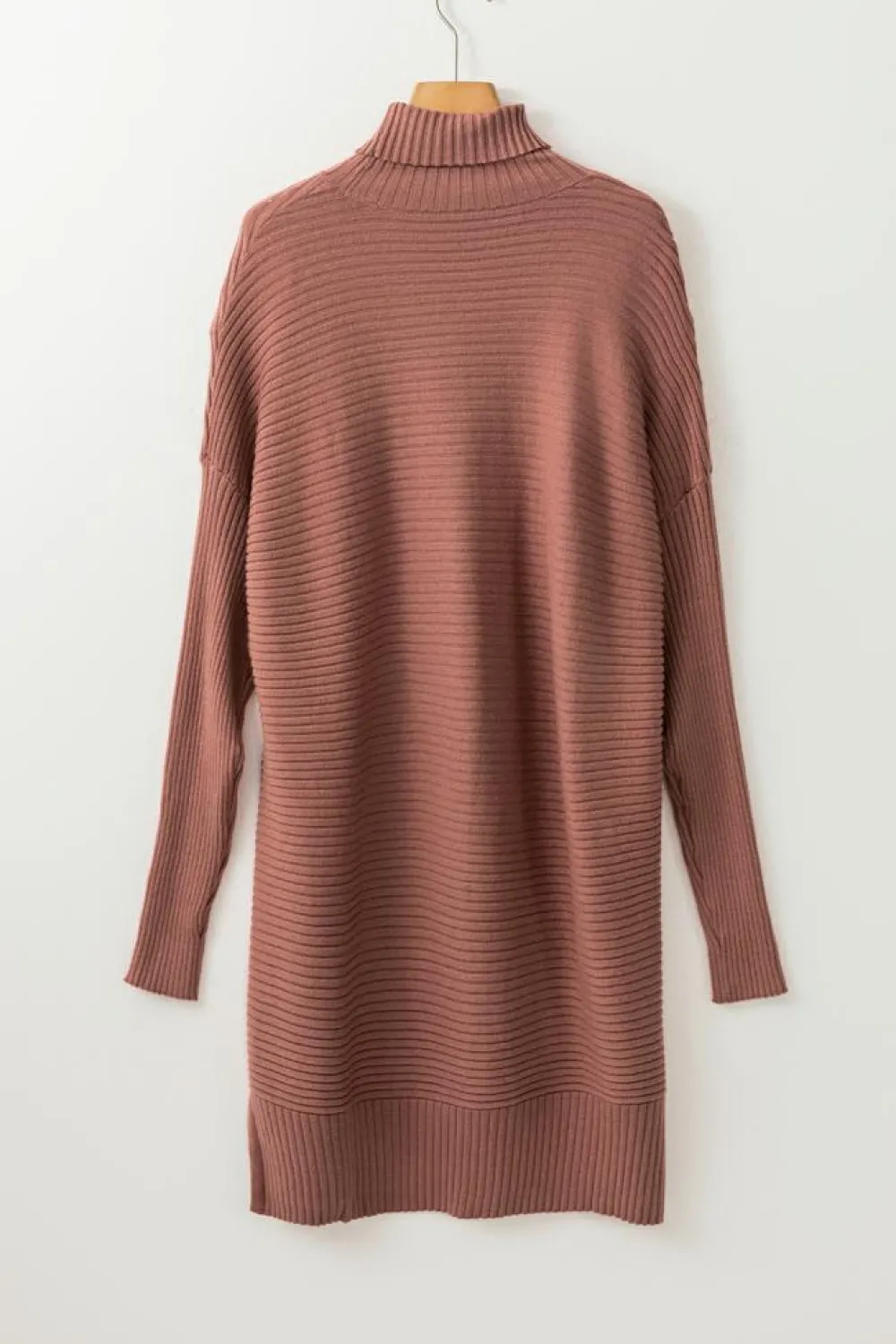 New Dear-Lover Turtleneck Ribbed Knit Tunic Sweater Mineral Red