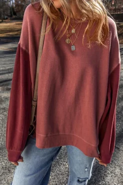 Sale Dear-Lover Two Tone Patchwork Drop Shoulder Pullover Sweatshirt Mineral Red
