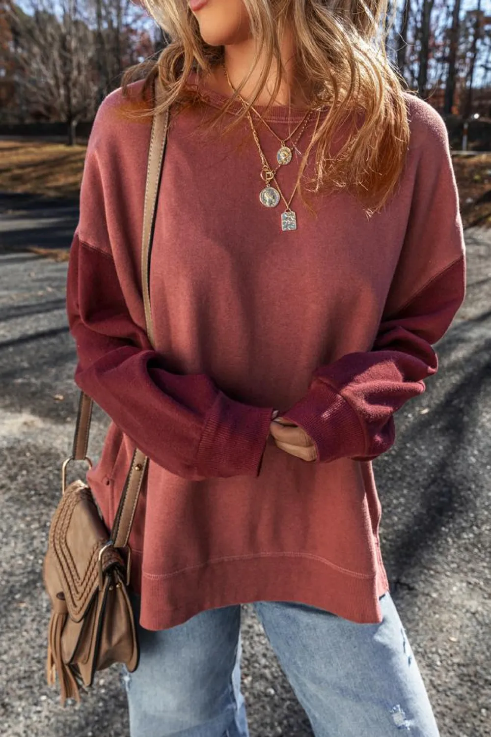 Sale Dear-Lover Two Tone Patchwork Drop Shoulder Pullover Sweatshirt Mineral Red