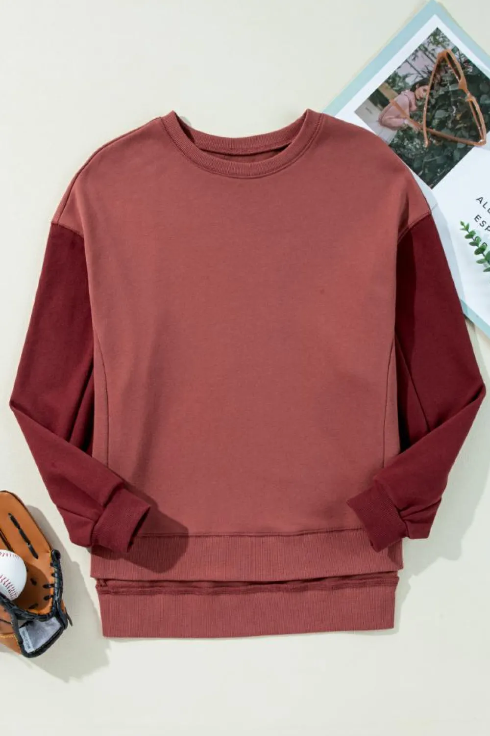Sale Dear-Lover Two Tone Patchwork Drop Shoulder Pullover Sweatshirt Mineral Red