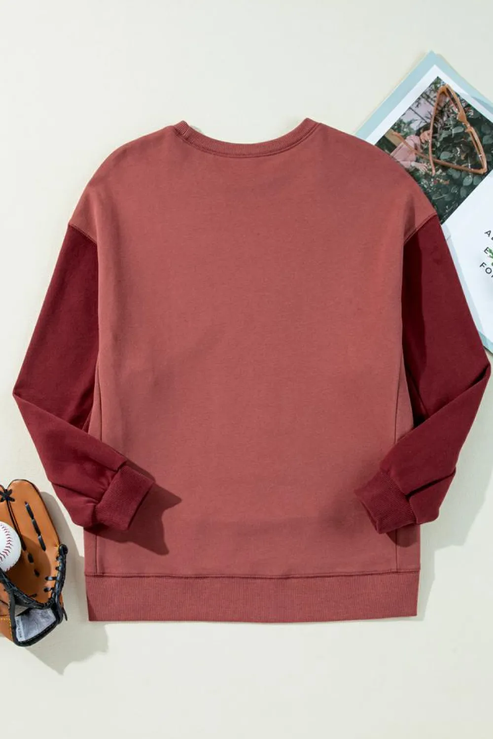 Sale Dear-Lover Two Tone Patchwork Drop Shoulder Pullover Sweatshirt Mineral Red