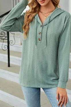 Sale Dear-Lover Button Front Textured Drawstring Hooded Long Sleeve Top Mint Green