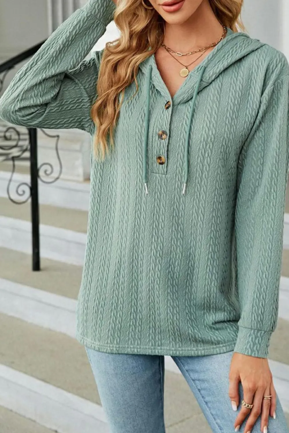 Sale Dear-Lover Button Front Textured Drawstring Hooded Long Sleeve Top Mint Green