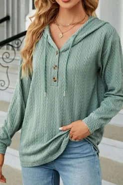 Sale Dear-Lover Button Front Textured Drawstring Hooded Long Sleeve Top Mint Green