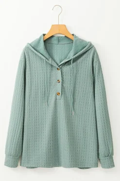 Sale Dear-Lover Button Front Textured Drawstring Hooded Long Sleeve Top Mint Green