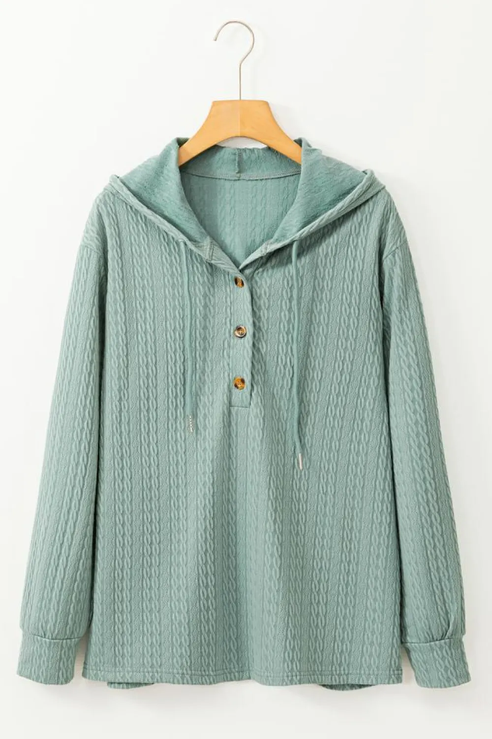 Sale Dear-Lover Button Front Textured Drawstring Hooded Long Sleeve Top Mint Green