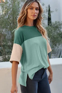 Clearance Dear-Lover Color Block Ribbed Side Slits Half Sleeve Top Mint Green