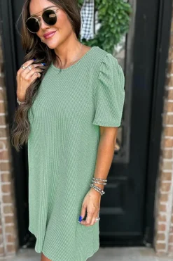 Discount Dear-Lover Corded Knit Crew Neck Puff Sleeve Shift Mini Dress Mint Green