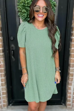 Discount Dear-Lover Corded Knit Crew Neck Puff Sleeve Shift Mini Dress Mint Green