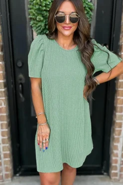 Discount Dear-Lover Corded Knit Crew Neck Puff Sleeve Shift Mini Dress Mint Green