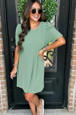 Discount Dear-Lover Corded Knit Crew Neck Puff Sleeve Shift Mini Dress Mint Green