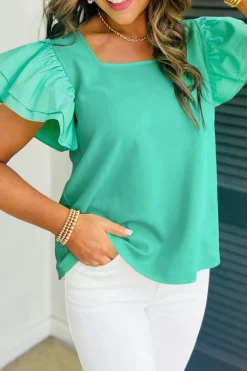 New Dear-Lover Flutter Sleeve Square Neck Top Mint Green