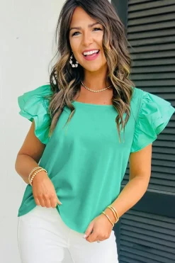 New Dear-Lover Flutter Sleeve Square Neck Top Mint Green