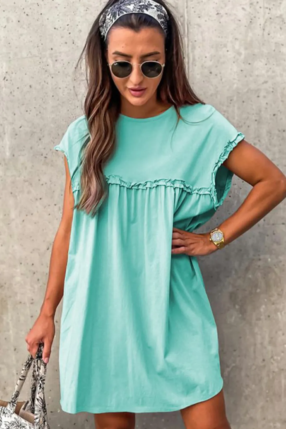 Outlet Dear-Lover Frilled Trim Crew Neck Loose Fit Mini Dress Mint Green