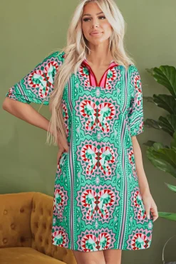 Discount Dear-Lover Geometric Butterfly Print Split Neck Short Sleeve Dress Mint Green