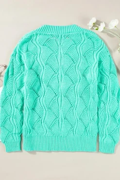 Clearance Dear-Lover Hollow Out Knit V Neck Drop Shoulder Sweater Mint Green