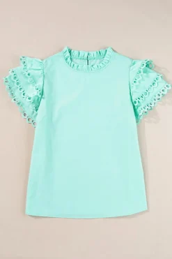 Best Dear-Lover Layered Ric Rac Cap Sleeve Frilled Neck Blouse Mint Green