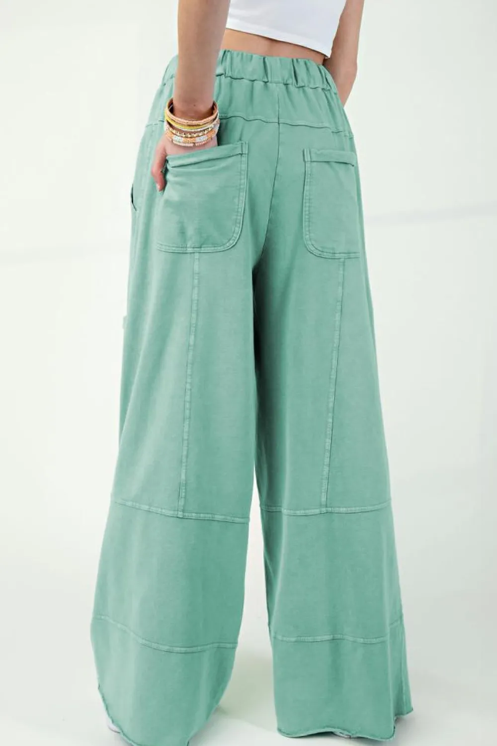 Clearance Dear-Lover Mineral Wash Exposed Seam Drawstring High Waist Wide Leg Cargo Pants Mint Green