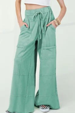 Clearance Dear-Lover Mineral Wash Exposed Seam Drawstring High Waist Wide Leg Cargo Pants Mint Green