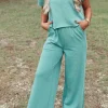 Hot Dear-Lover Raglan Short Sleeve Tee and Wide Leg Pants Set Mint Green