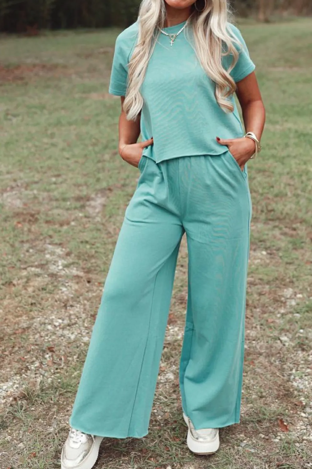 Hot Dear-Lover Raglan Short Sleeve Tee and Wide Leg Pants Set Mint Green