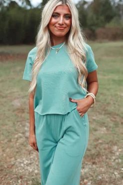 Hot Dear-Lover Raglan Short Sleeve Tee and Wide Leg Pants Set Mint Green