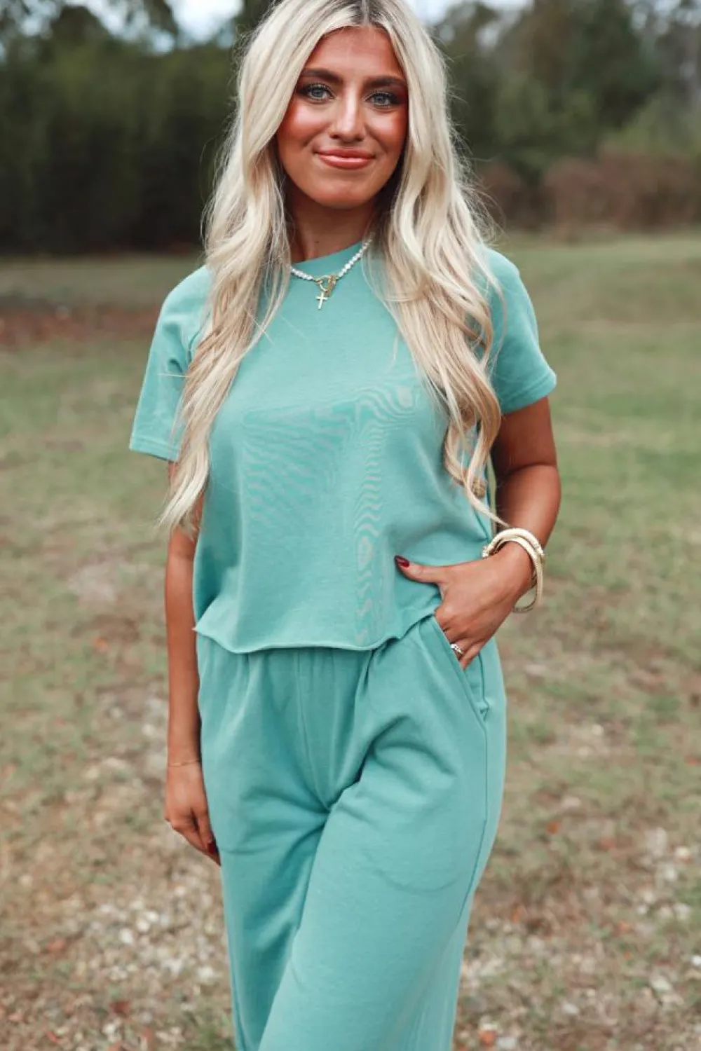 Hot Dear-Lover Raglan Short Sleeve Tee and Wide Leg Pants Set Mint Green