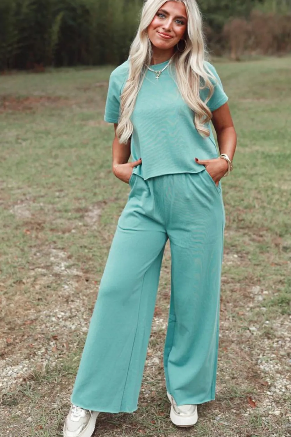 Hot Dear-Lover Raglan Short Sleeve Tee and Wide Leg Pants Set Mint Green