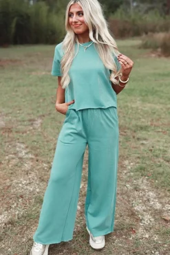 Hot Dear-Lover Raglan Short Sleeve Tee and Wide Leg Pants Set Mint Green