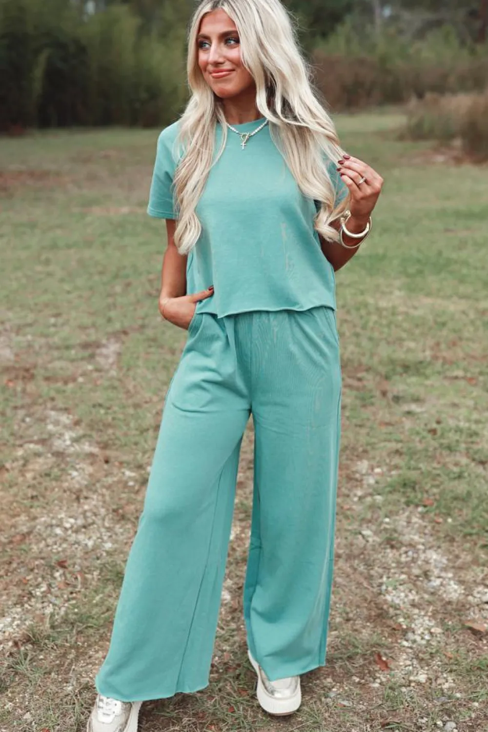 Hot Dear-Lover Raglan Short Sleeve Tee and Wide Leg Pants Set Mint Green
