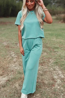 Hot Dear-Lover Raglan Short Sleeve Tee and Wide Leg Pants Set Mint Green