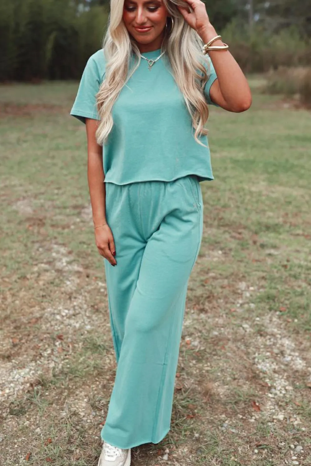 Hot Dear-Lover Raglan Short Sleeve Tee and Wide Leg Pants Set Mint Green