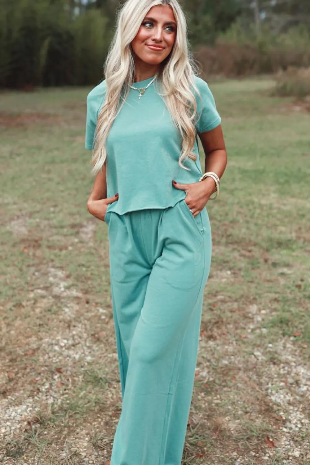 Hot Dear-Lover Raglan Short Sleeve Tee and Wide Leg Pants Set Mint Green