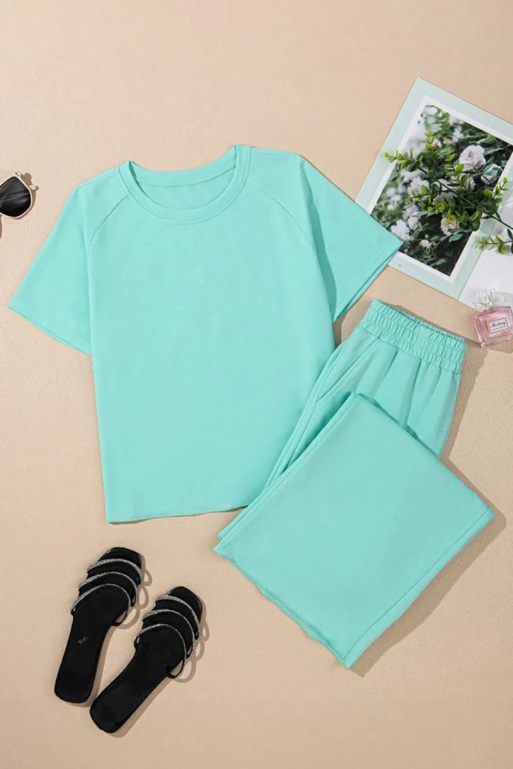Hot Dear-Lover Raglan Short Sleeve Tee and Wide Leg Pants Set Mint Green