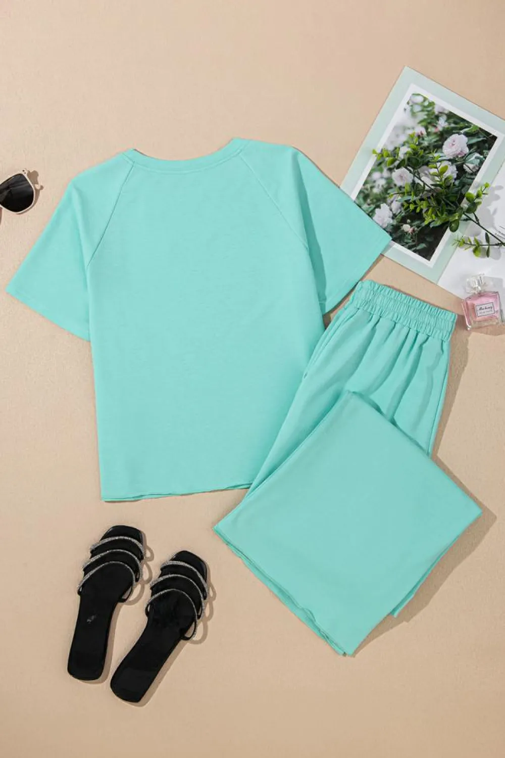 Hot Dear-Lover Raglan Short Sleeve Tee and Wide Leg Pants Set Mint Green