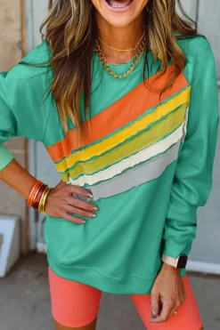 Fashion Dear-Lover Rainbow Colorblock Striped Pullover Sweatshirt Mint Green
