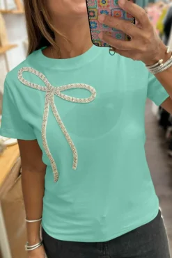 New Dear-Lover Rhinestone Bow Embellished Round Neck Tee Mint Green