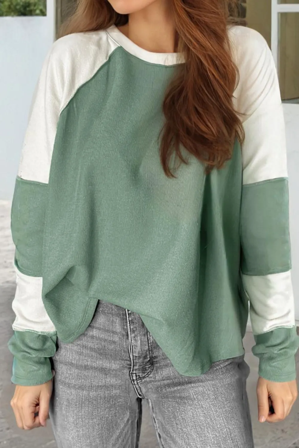 Fashion Dear-Lover Ribbed Colorblock Patchwork Raglan Long Sleeve Top Mint Green