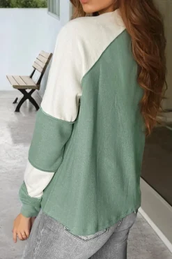 Fashion Dear-Lover Ribbed Colorblock Patchwork Raglan Long Sleeve Top Mint Green