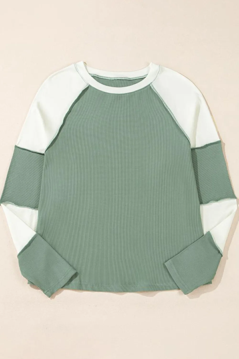 Fashion Dear-Lover Ribbed Colorblock Patchwork Raglan Long Sleeve Top Mint Green