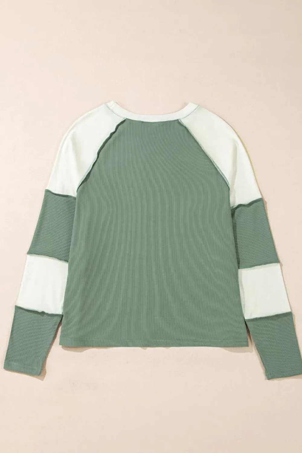 Fashion Dear-Lover Ribbed Colorblock Patchwork Raglan Long Sleeve Top Mint Green